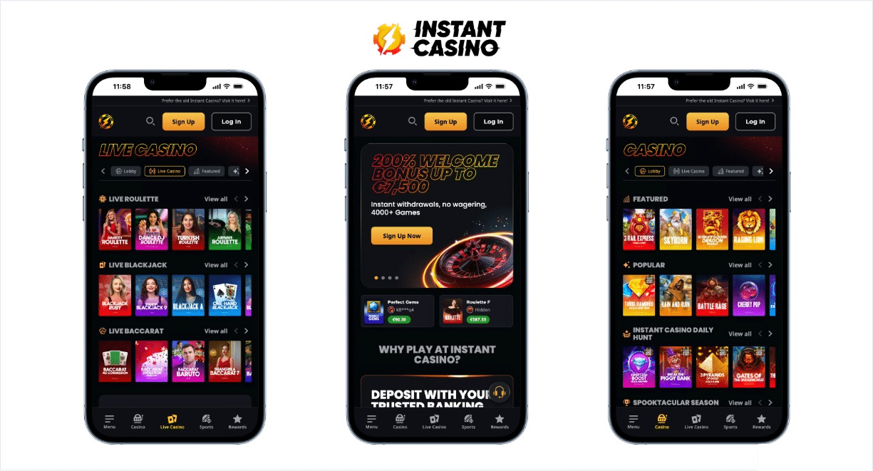 a screen shot of instant casino imposed on three cellphones.